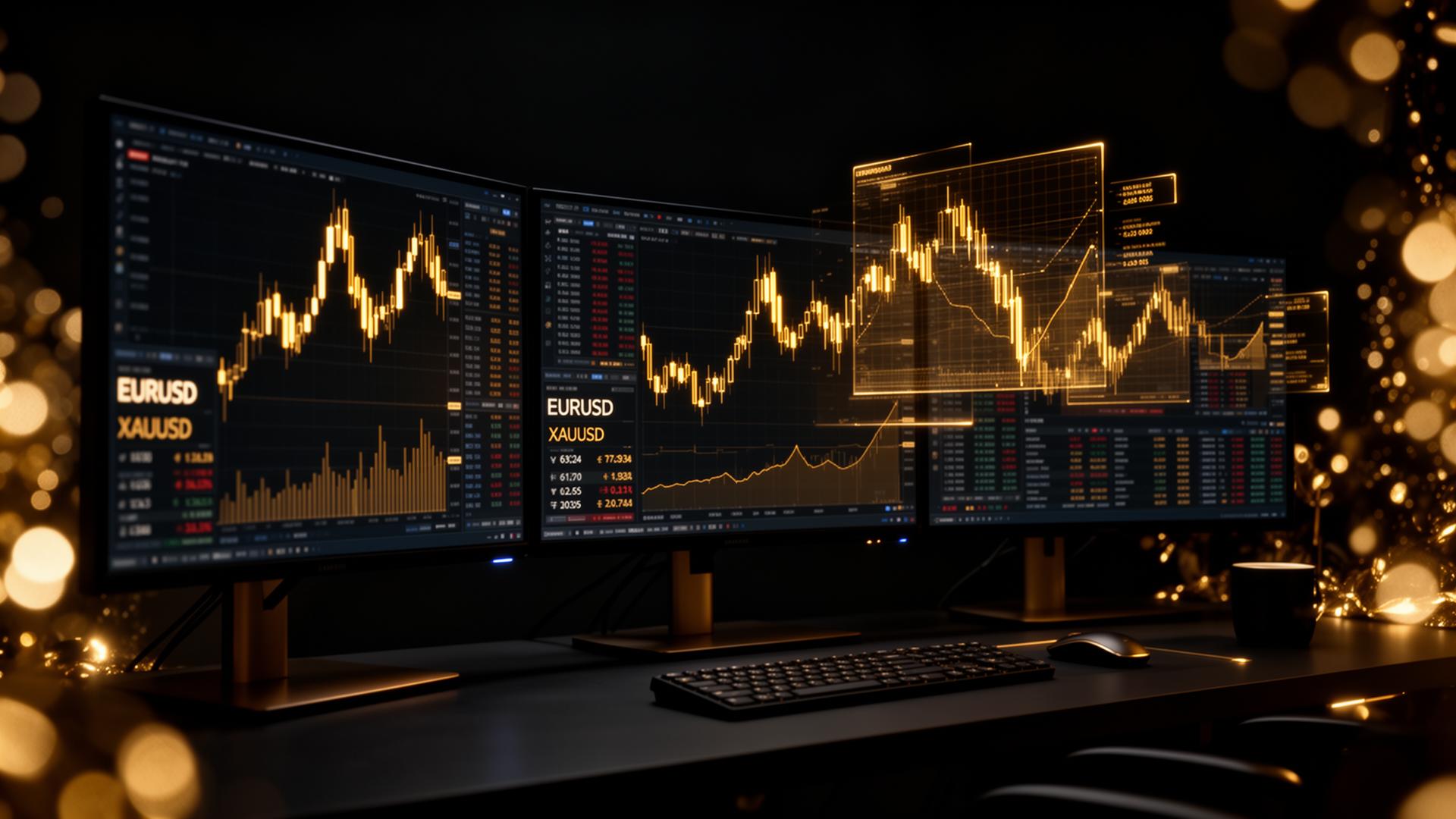 Forex trading workstation with gold candlestick charts